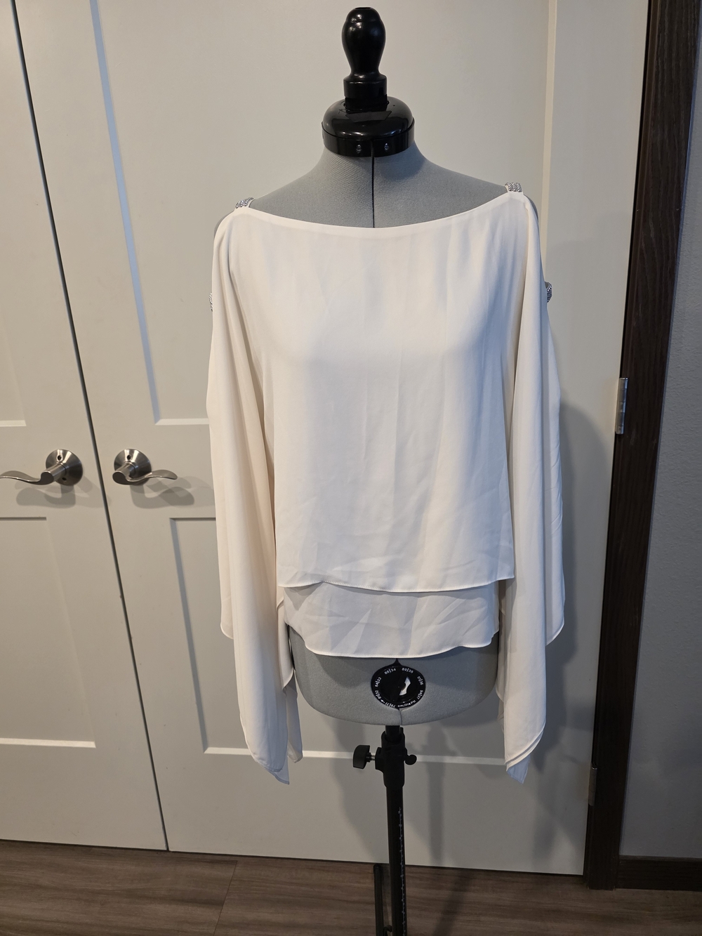 Chico's Cream Layered Cold-Shoulder Blouse with Draped Sleeves